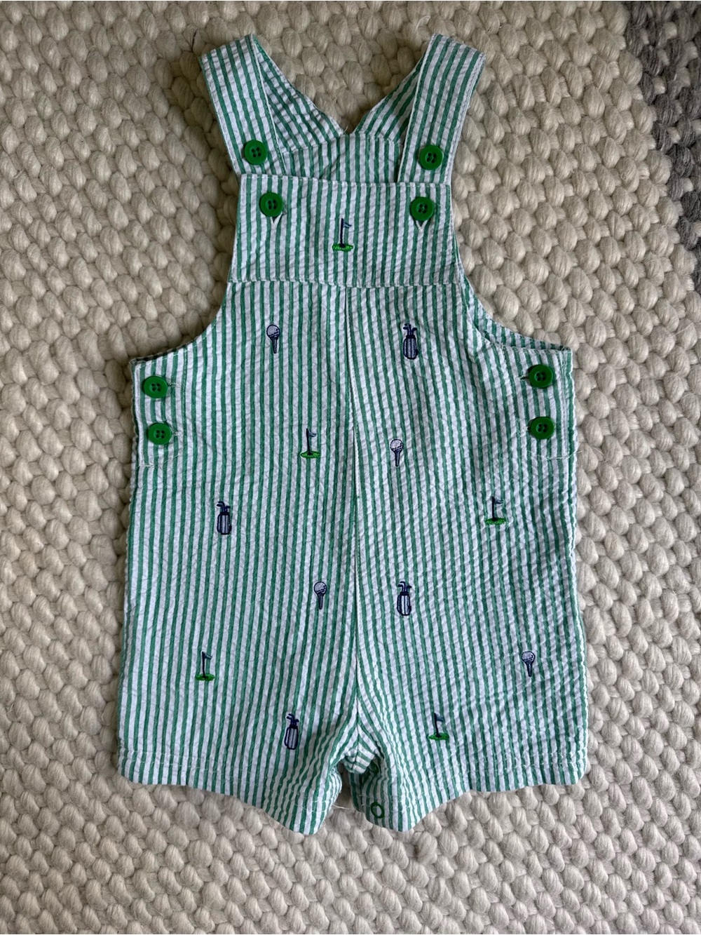 White and green striped gold embroidered overall 24 month